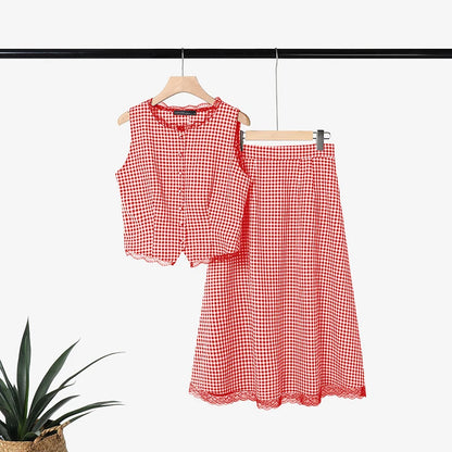 ZANZEA Summer Sleeveless Plaid Patchwork Vests Tops Dress Sets Elegant Women 2 Pieces Sets Stylish OL Work Skirt Suit OL Outfits