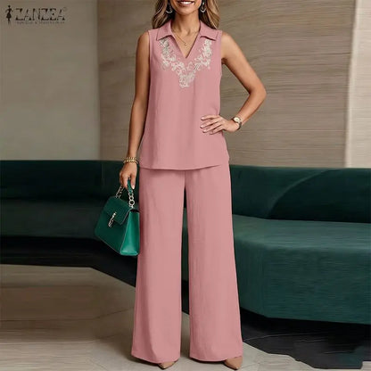 ZANZEA Fashion Summer 2 Pieces Sets Outfits Sleeveless Tanks Tops Pants Sets Women Floral Embroidered Blouse Trousers Suit 2026