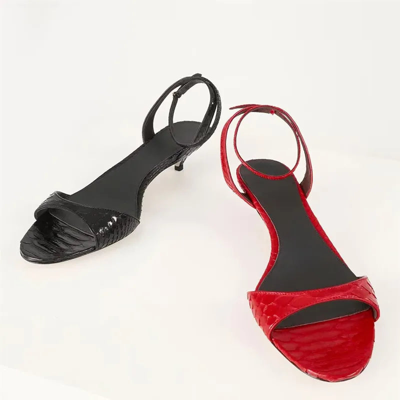 Concise Kitten Heel Ankle Strap Buckle Sandals Women Sexy Peep Toe Low Heel Elegant Leather Pattern Design Party Wedding Shoes