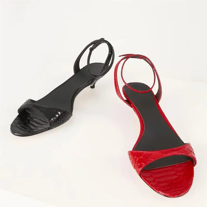 Concise Kitten Heel Ankle Strap Buckle Sandals Women Sexy Peep Toe Low Heel Elegant Leather Pattern Design Party Wedding Shoes