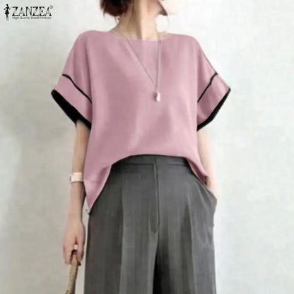 ZANZEA Women's Casual Loose Boatneck Blouses Short Sleeve Contrast-Trim Solid Color Tops Minimalist Fashion Blusas de Mujer