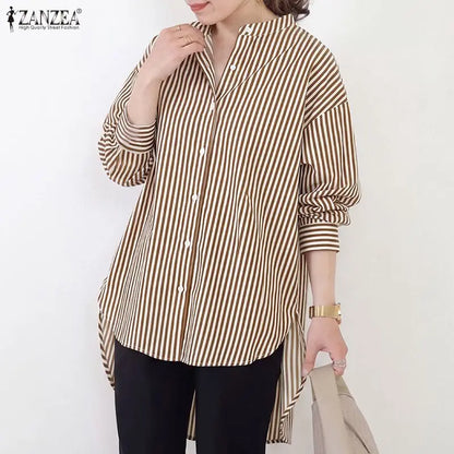ZANZEA Oversized High-Low Shirts Woman Mandarin Collar Drop-Shoulder Long Sleeve Button Up Blouse Loose Camisas Streetwear 3XL