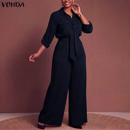 VONDA Plus Size Women Suits Long Sleeve Lapel Neck Tops High Waisted Pants Sets Casual Loose Solid Color Outfits Two-piece