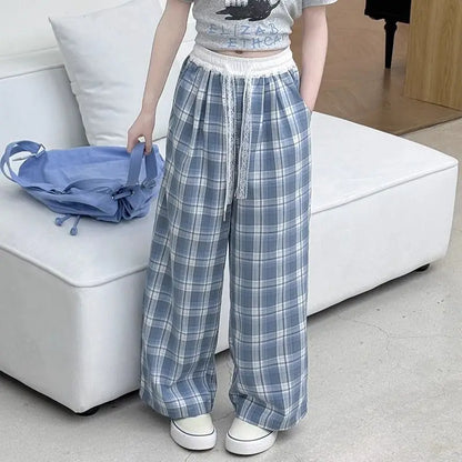 Girls' Wide Leg Pants Summer 2026 Icy Silk Plaid Loose Fit Slimming Casual Sportswear Adjustable Waist Breathable Long Pants