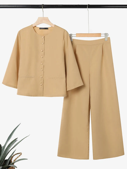 ZANZEA Fashion Women Pant Sets Spring 2 Pieces Sets Outfits 3/4 Sleeve Shirt Wide Leg Trousers Elegant Solid OL Work Tracksuit