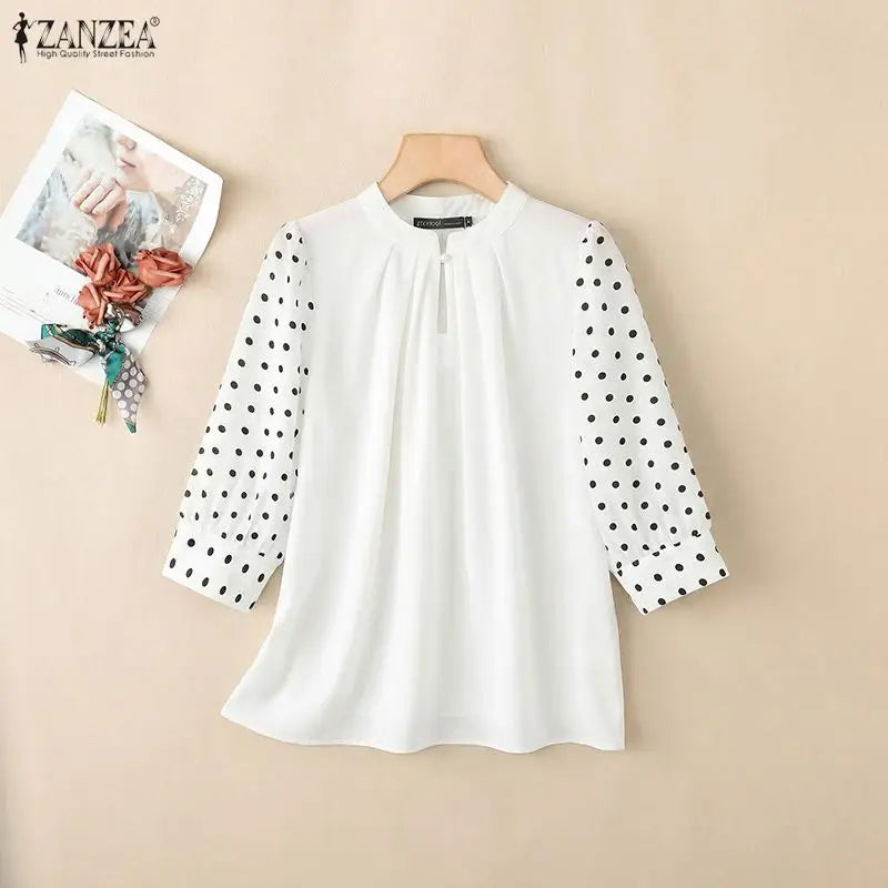 ZANZEA Women Elegant Gathered Blouses Spring Polka Dot 3/4 Puff Sleeves Stand Collar Tops Summer Daily Casual Blusas de Mujer