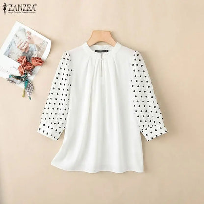 ZANZEA Women Elegant Gathered Blouses Spring Polka Dot 3/4 Puff Sleeves Stand Collar Tops Summer Daily Casual Blusas de Mujer