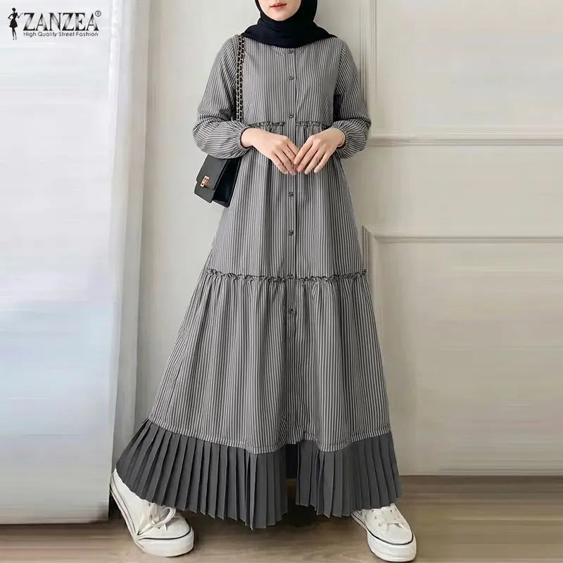 2026 ZANZEA Casual O Neck Long Sleeve Striped Patchwork Dresses Women Muslim Dress Abaya Robe Femme Dubai Hijab Sundress Kaftan