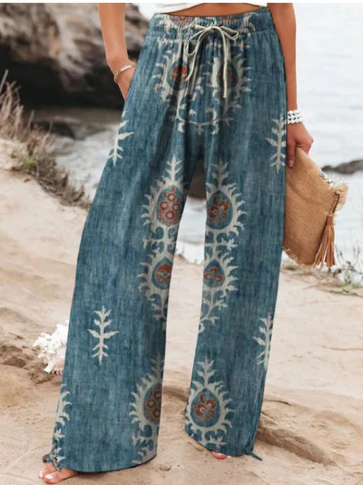 Women's New High Waist Loose Casual Wide Leg Print Pants Summer Beach EU US Style Comfy Flowy Trousers
