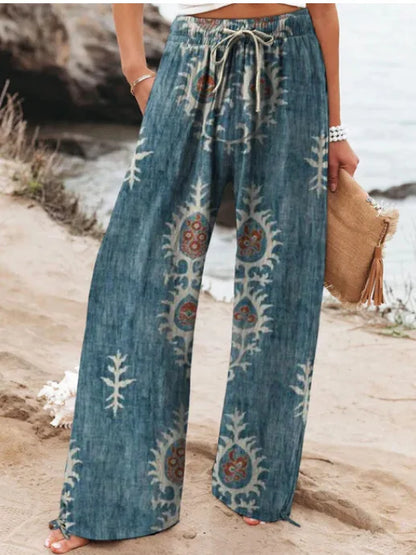 Women's New High Waist Loose Casual Wide Leg Print Pants Summer Beach EU US Style Comfy Flowy Trousers