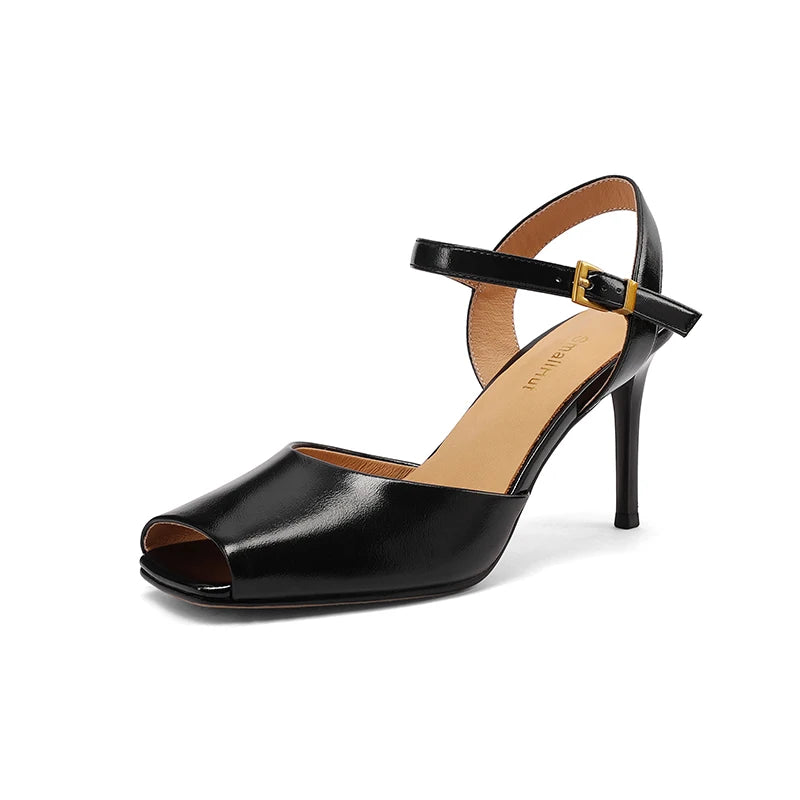 SmallHut New 2026 Trend Peep Toe Sandals Summer Women High Thin Heels Black Red Buckle Ankle Strap Sexy Ladies Party Shoes