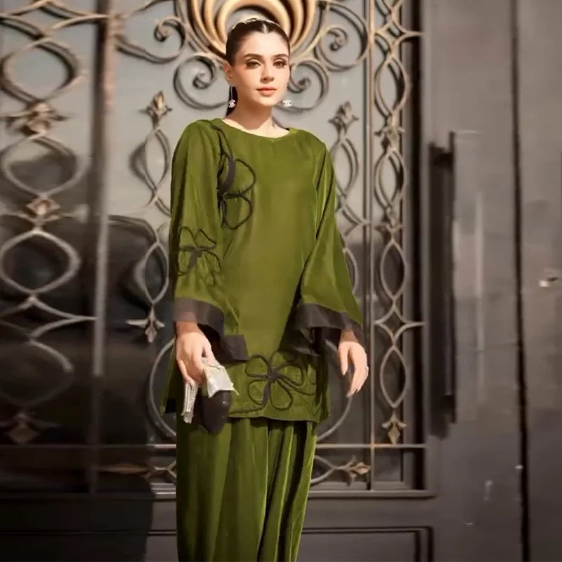 Muslim Sets Women Top Blouse Wide Leg Pants Suit Flower Outfits Modest Morocco Ramadan Dubai Islam Trousers Ensemble 2025