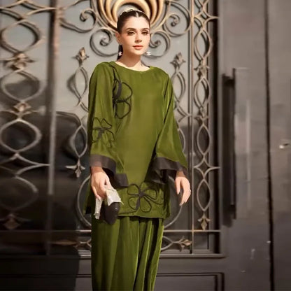 Muslim Sets Women Top Blouse Wide Leg Pants Suit Flower Outfits Modest Morocco Ramadan Dubai Islam Trousers Ensemble 2025