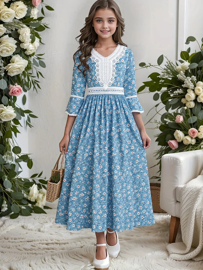 Middle East Girls Big Kids Short Sleeve Dress Floral Pattern Ethnic Style Summer Children Fashion Comfortable Versatile Dress