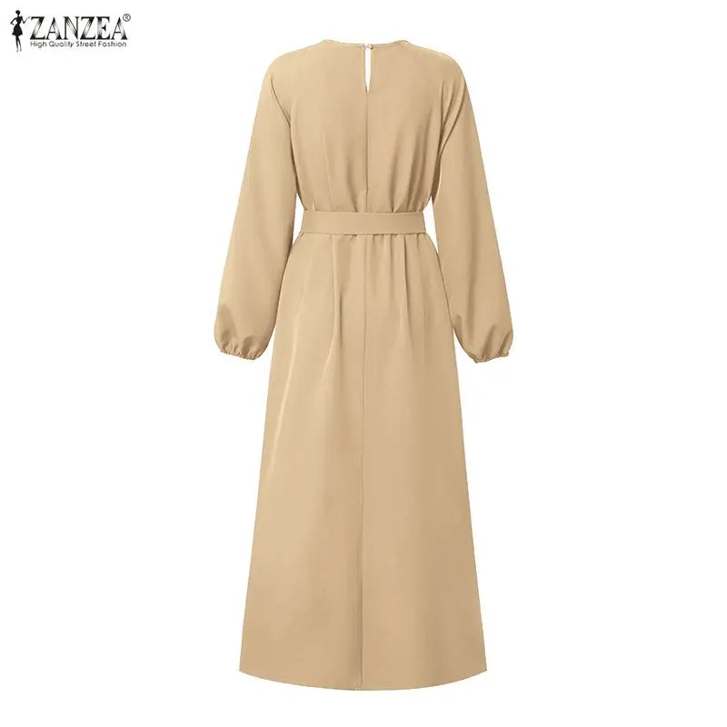 Modest Muslim Abaya Hijab Dresses ZANZEA Women Elegant O Neck Long Sleeve Belted Sundress Solid Color Loose Dubai Robe Ramadan