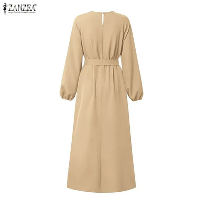 Modest Muslim Abaya Hijab Dresses ZANZEA Women Elegant O Neck Long Sleeve Belted Sundress Solid Color Loose Dubai Robe Ramadan