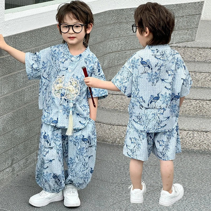 Short Sleeve Tops Shorts 2 Piece Set Boy Outfit Casual Kids Clothes Baby Tang Hanfu Suit Boys Costume Children's Sets Summer