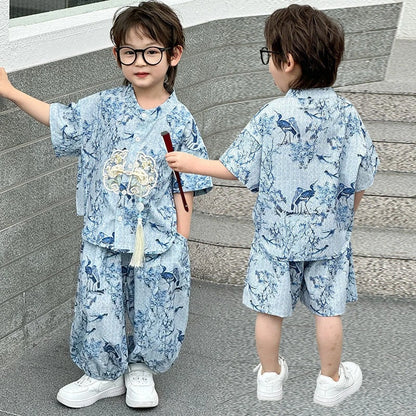 Short Sleeve Tops Shorts 2 Piece Set Boy Outfit Casual Kids Clothes Baby Tang Hanfu Suit Boys Costume Children's Sets Summer