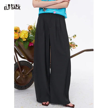 ELFSACK High Waist Pleated Wide Leg Trousers, Minimalist Casual Office Trousers for Women, Button Fly Loose Palazzo Pants