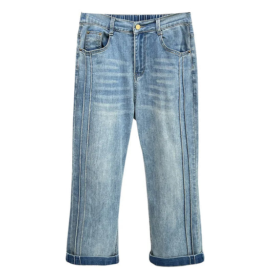 100KG Summer Jeans New Plus Size Women's Clothing Simple And Thin Denim Straight Pants Side Fold Splice Ankle Style Bottoms 8930