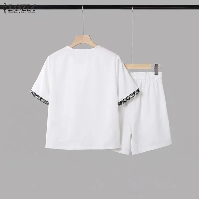 ZANZEA Women's 2-Piece Short Sets Printing Paneled V-Neck Short Sleeve Top Elastic Waist Shorts Matching Sets 2026 Summer Co-ord