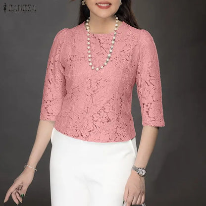 ZANZEA Woman Elegant Lace Layering Blouse O-Neck 3/4 Sleeve Princess Seams Slim-Fit Short Tops Summer Patchwork Blusas de Mujer