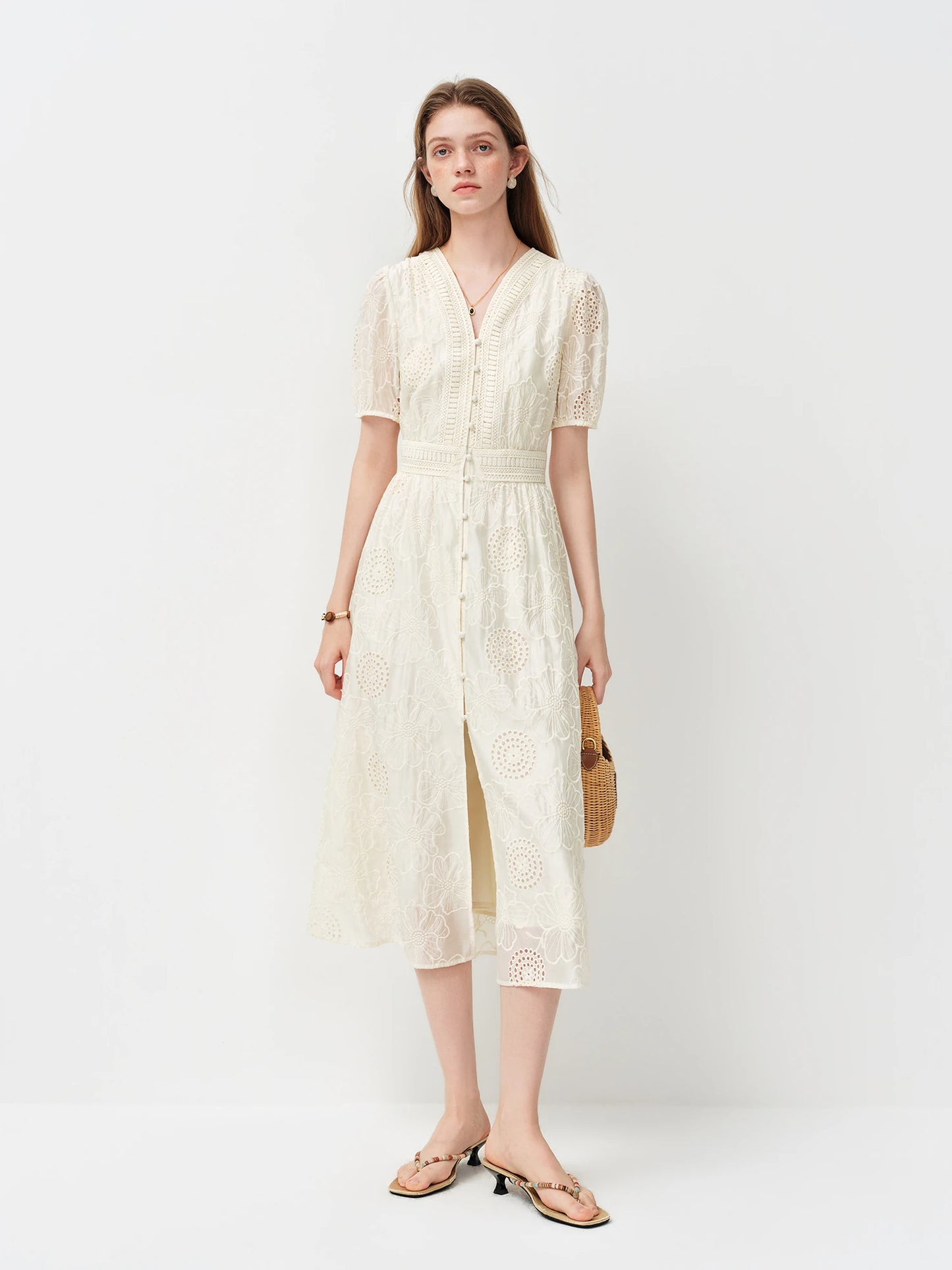 FSLE Cut-out Embroidery V-Neck A-Line Dress for Women 2026 Summer New Arrival Waist-defining Elegant Fashionable Calves Lenghth
