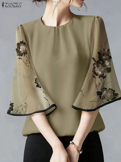 ZANZEA Elegant Women's Blouses Fashion O-Neck Floral Chiffon Sleeve Patchwork Loose Tops 2026 Spring Summer Woman Clothes S-3XL