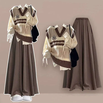 2024 Autumn/Winter New Korean College Style Knitted Vest Shirt Two Piece Set Loose Pants Skirt Three Piece SetWomen's Skirt Pant