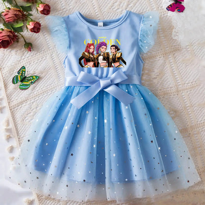 K-Pop Hunters Zoey Rumi Girls Sequin Tutu Dress with Bow Flutter Sleeves Summer Princess Party Outfit for Toddler Kids 2-6Y