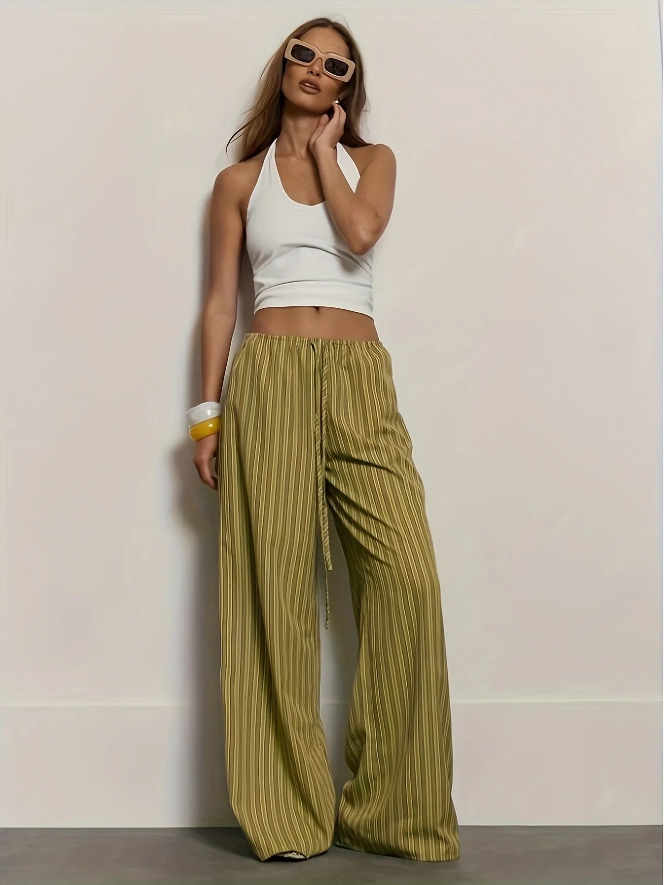 Women's Green Striped Wide-Leg Pants, New Summer Arrival, Drawstring Elastic Waist, Draping Casual Trousers, Lazy Style Floor-Le