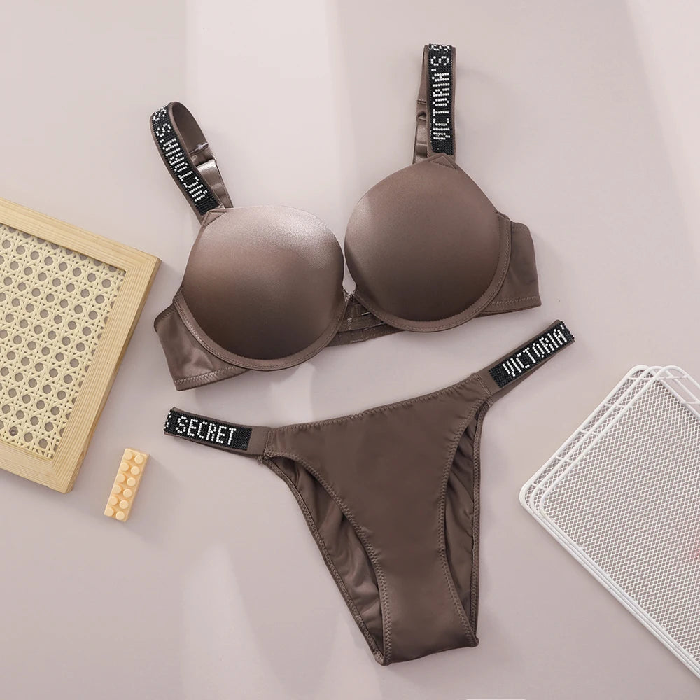 Victoria Secret Sexy Women Underwear Very Sexy Logo Shine Strap Push Up Bra Shine Script Thong Panty Set Hot
