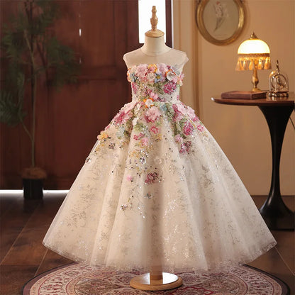 Girls' High-End French Style Forest Series Flower Little Host Walk Show Piano Performance Birthday  Party Princess Dress
