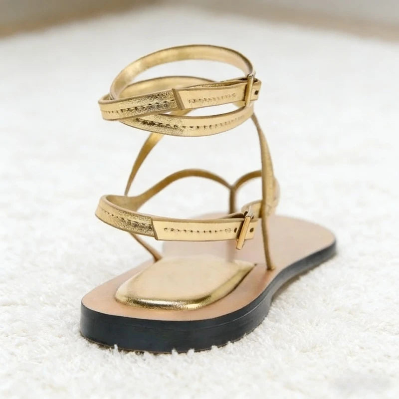 Sexy Gold Ankle Strap Buckle Flat Sandals Women Lightweight Comfort Flip Flops Luxury Designer Cross Strap Summer Shoe Sandalias