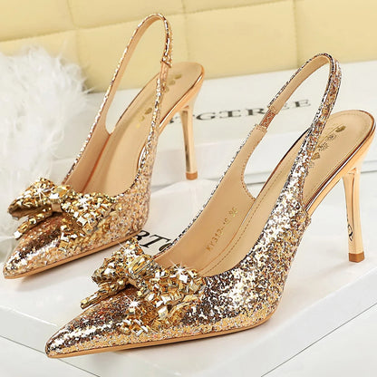 Luxury Women Pumps Sequin High Heels Rhinestone Bowknot Women Heels Shoes Stiletto 9 cm Sexy Party Shoes Shining Ladies Shoes