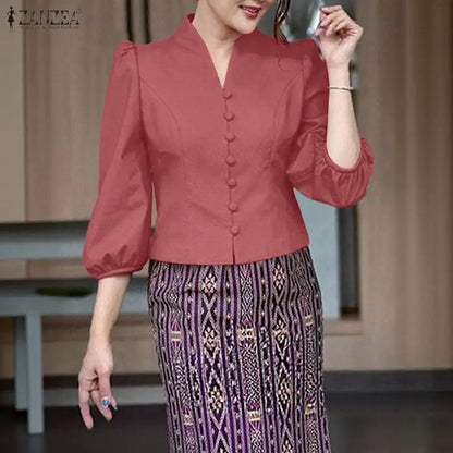 ZANZEA Women's Elegant Princess Seams Short Shirts V-Neck 3/4 Puff Sleeve Button Up Solid Color Tops Classy Party Woman Clothes