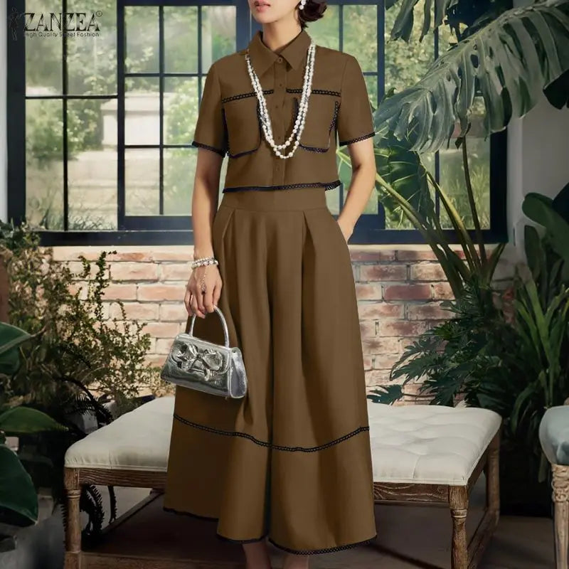 Fashion Summer 2 Pieces Sets ZANZEA Short Sleeve Shirt A Line Skirt Suit Women OL Work Dress Sets 2026 Stylish Patchwork Outfits