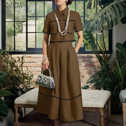 Fashion Summer 2 Pieces Sets ZANZEA Short Sleeve Shirt A Line Skirt Suit Women OL Work Dress Sets 2026 Stylish Patchwork Outfits