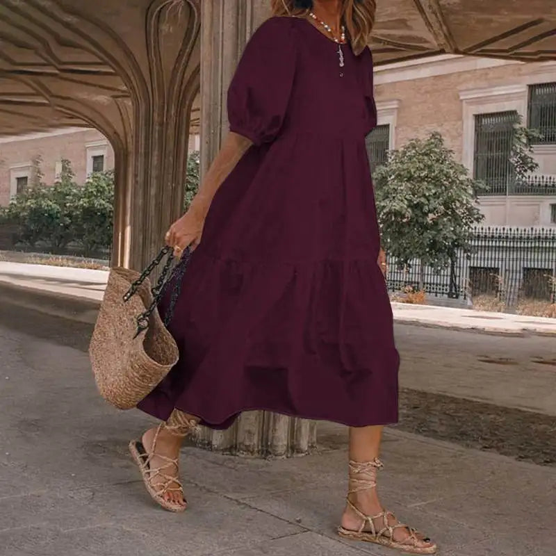 Summer New Solid Color Short Sleeved Loose For Women's Dresses Fashion Casual Patchwork Retro Beach Holiday Maxi Female Sundress