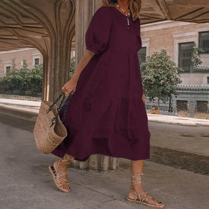 Summer New Solid Color Short Sleeved Loose For Women's Dresses Fashion Casual Patchwork Retro Beach Holiday Maxi Female Sundress
