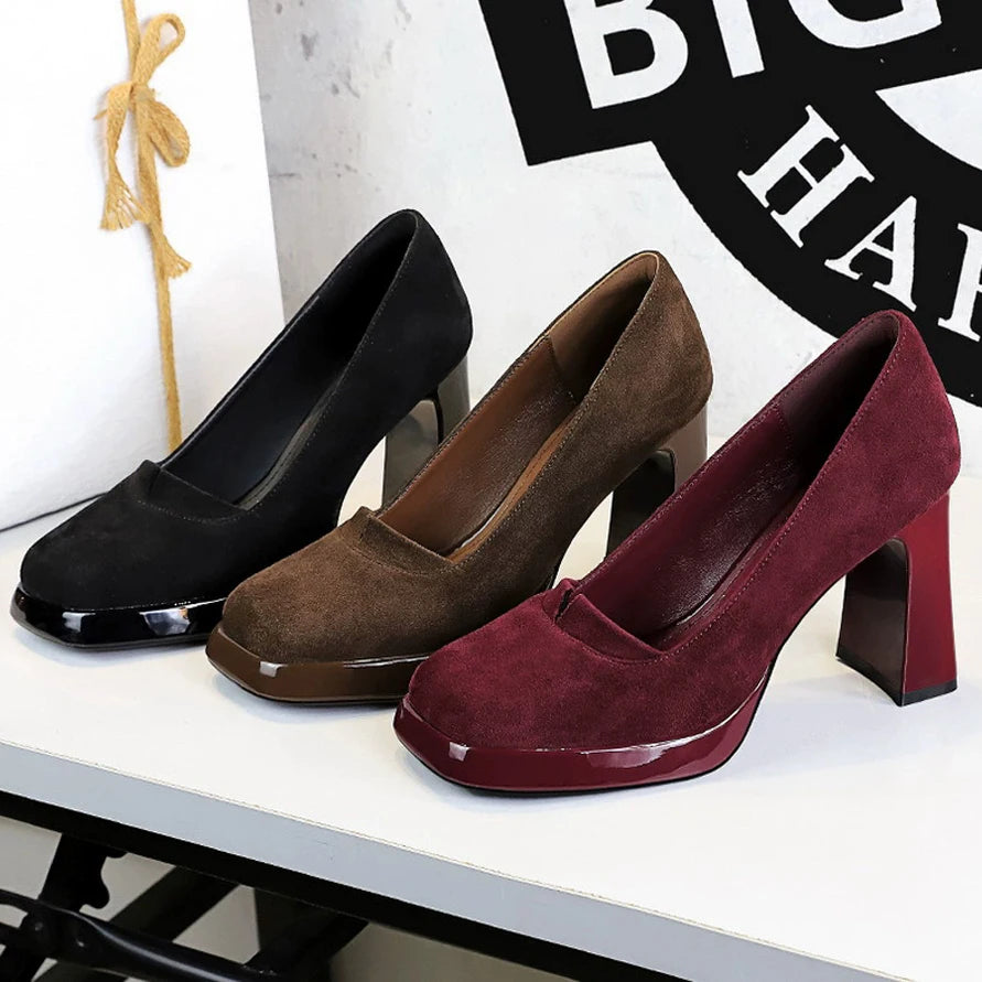 BIGTREE shoes 9 cm Chunky Block Heels Women Pumps Retro High Heels Square Headed Platform High Heels Suede Ladies Shoes 3 Colour
