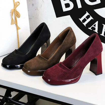 BIGTREE shoes 9 cm Chunky Block Heels Women Pumps Retro High Heels Square Headed Platform High Heels Suede Ladies Shoes 3 Colour