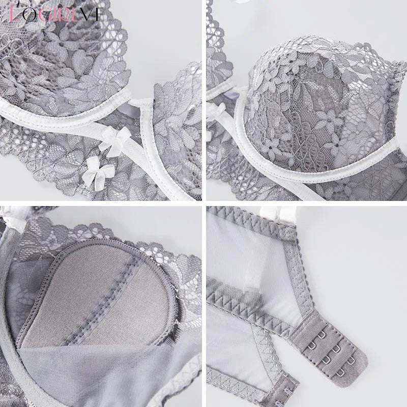 New Women Lingerie Set Sexy Lace Push Up Bra French 3/4 Thin Cup Bralette Cute Bow Decoration Underwear Comfort Bras Briefs Sets