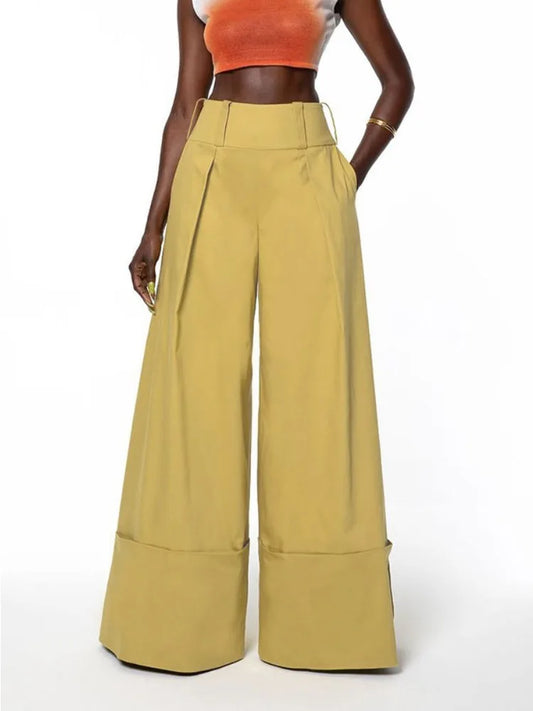 Women's Solid Color High-Waisted Cuffed Wide Leg Pants 2026 Summer Fashion Loose Fit Vacation Trousers Casual Full Length Pants