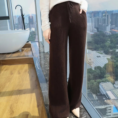 100% Pure Mink Cashmere Knit Wide-Leg Pants Women's Elastic Waist Loose Straight Trousers Leisure Thick Drawstring Mopping Pants