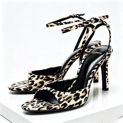 Fashion Animal Print Heeled Sandals Women Sexy Peep Toe Ankle-Strap Shoes for Women Elegant Women's Heels Sandalias De Mujer