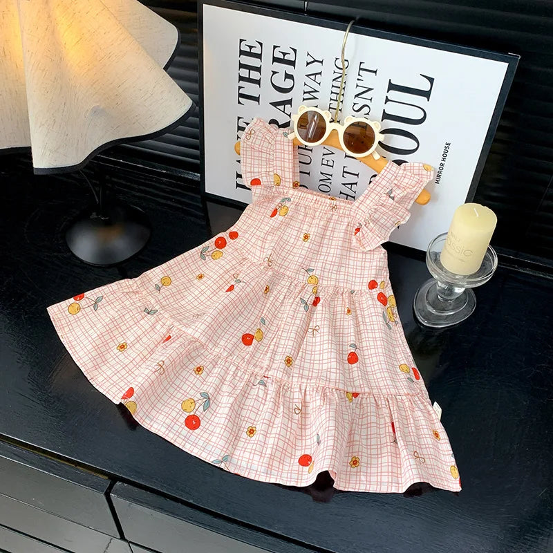 2026 Summer Girls Flutter Sleeve Dress Kids Printed Tiered Princess Dresses for 1-12Y Children Vacation Clothes