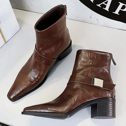 BIGTREE Retro Thick With Women Boots Metal Buckle Leather Boots Women Shoes Winter Short Boots Rear Zipper Lady Ankle Boots
