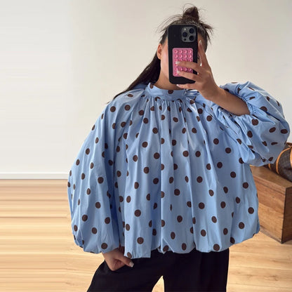Elegant Vintage Polka Dot Lace Up Shirt for Women Long Lantern Sleeve Backless Loose Blouse Top 2026 Lady Daily Casual Shirts