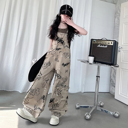 Child Vintage Americana Street Style Overalls Jumpsuit with Drawings for Kids Girl Dungarees Fashion Khaki Suspender Bib Pants